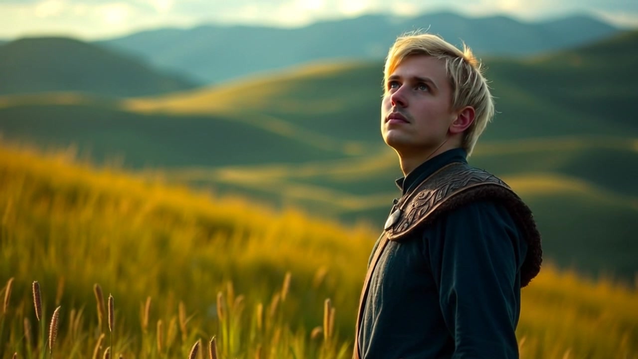 Subject: A person standing in a grassy meadow, gazing curiously up at the sky. Subject movement: The person shifts their weight gently from one foot to the other, embodying a sense of wonder. Scene: Lush green meadow filled with wildflowers and tall grass, with a bright blue sky overhead. Style: Warm, inviting sunlight illuminating the scene, enhancing the vibrant colors of the meadow. Motion: The camera slowly zooms in on the person's face, capturing their expressions of curiosity, while a subtle breeze rustles the grass around them.