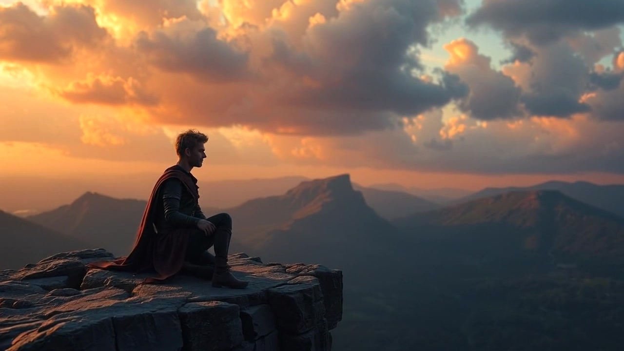 Subject: A person sitting on the edge of a cliff, lost in thought. Subject movement: The individual remains still, exuding a contemplative aura as they gaze into the horizon. Scene: A dramatic cliffside overlooking a vast valley, filled with lush greenery and distant mountains under a vibrant sunset sky. Style: Warm, golden-hour lighting enhances the calm atmosphere, casting a soft glow over the scene. Motion: A gradual push-in shot from a distance, capturing the serene environment before focusing on the person, their silhouette capturing the depth of their reflections.