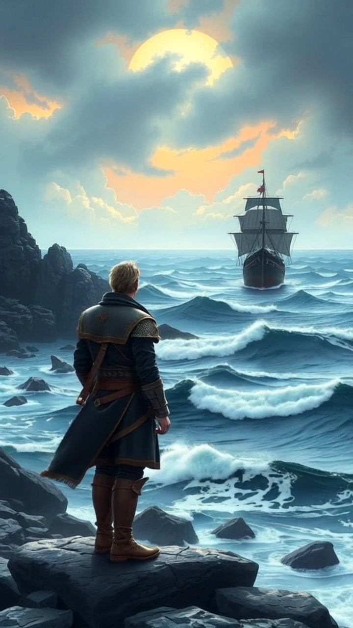 Subject: A person standing on a rocky shore. Subject movement: The person gazes contemplatively towards a distant ship on the horizon, swaying slightly with the strong ocean breeze. Scene: Rugged rocky shore with waves crashing against the rocks, the vast ocean stretching towards the horizon. Style: Moody lighting accentuated by overcast skies, creating a dramatic and reflective atmosphere. Motion: Camera slowly zooms in on the individual, capturing their profile against the backdrop of the turbulent sea, with the ship gradually coming into view on the horizon.
