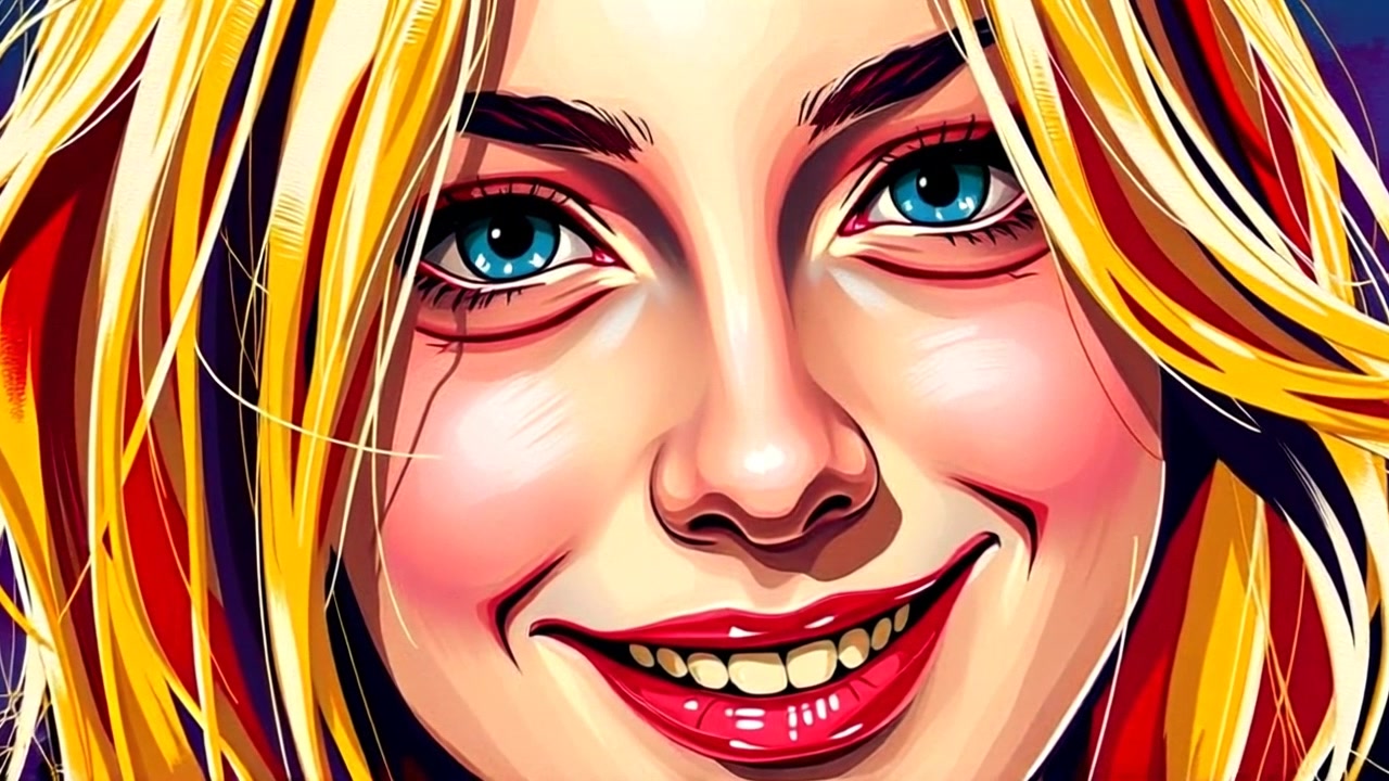 Scene: A chilling close-up of a young woman's face, her smile eerie and unsettling, with pitch-black eyes that seem to absorb all light. Style: The lighting is dim and moody, casting shadows that enhance the sinister atmosphere. Motion: The camera slowly pushes in closer to her face, emphasizing the intensity of her expression, while a subtle, unsettling whisper surrounds the scene, heightening the tension.