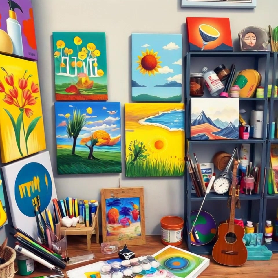 Scene: A vibrant art studio filled with colorful paintings and a variety of art supplies, showcasing the creative atmosphere. Style: Ambient lighting illuminates the space, enhancing the richness of the colors on the canvases. Motion: The camera glides smoothly through the studio, panning across the artwork and art supplies, capturing the essence of artistic expression.