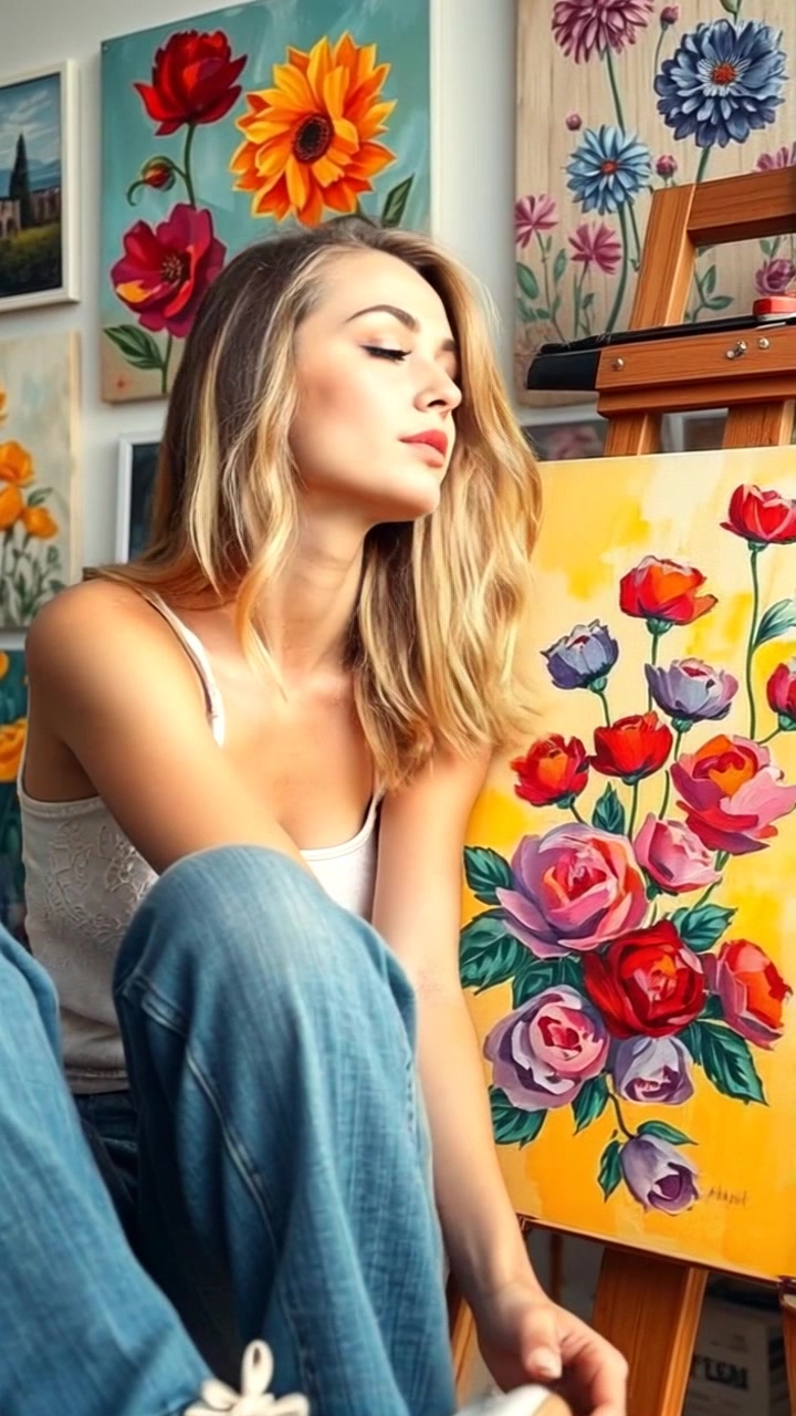 Subject: Ashley admiring her painting. Subject movement: Ashley steps closer to the canvas, tilting her head slightly as she observes the details. Scene: A vibrant artist's studio filled with her colorful artworks, brushes, and palettes scattered around. Style: Warm, inviting ambient light fills the room, creating a cozy atmosphere. Motion: The camera gently pushes in on Ashley as she engages with her art, capturing her expression of admiration and creativity.