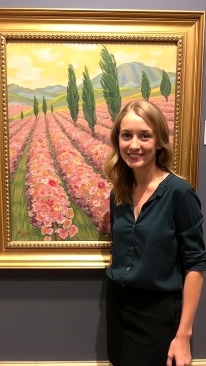 Scene: A gallery featuring 'The Red Vineyard near Arles', with Ashley standing proudly beside it. Style: Soft ambient lighting illuminating the artwork and creating a warm, inviting atmosphere. Motion: Camera slowly pans across the gallery, transitioning from Ashley to the painting, capturing the details of both the artwork and the pride in her expression.