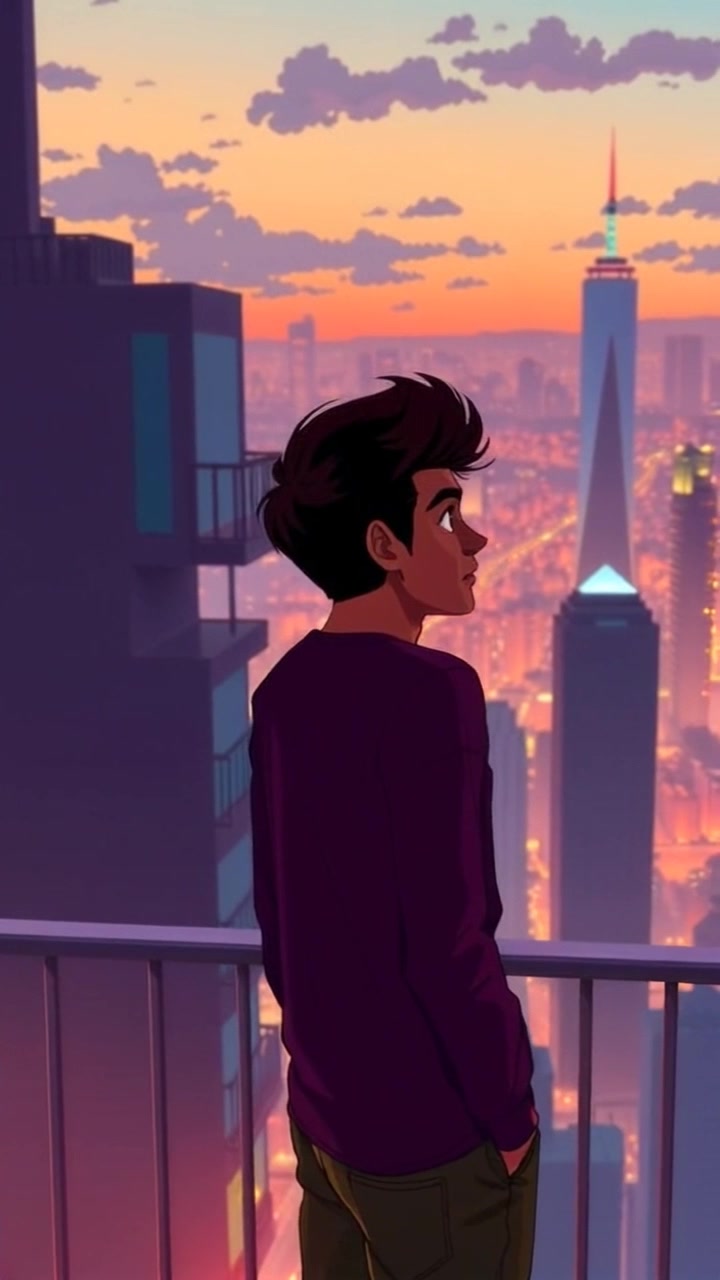 Subject: A person standing on a balcony, gazing out over a city skyline. Subject movement: The person appears still, lost in deep thought as evening falls. Scene: Urban balcony overlooking a sprawling city, with twinkling lights beginning to appear as night approaches. Style: Soft, ambient evening light casting a serene glow on the person and cityscape. Motion: Camera slowly pushes in from a wider view, focusing gradually on the figure in contemplation, while the cityscape unfurls in the background.