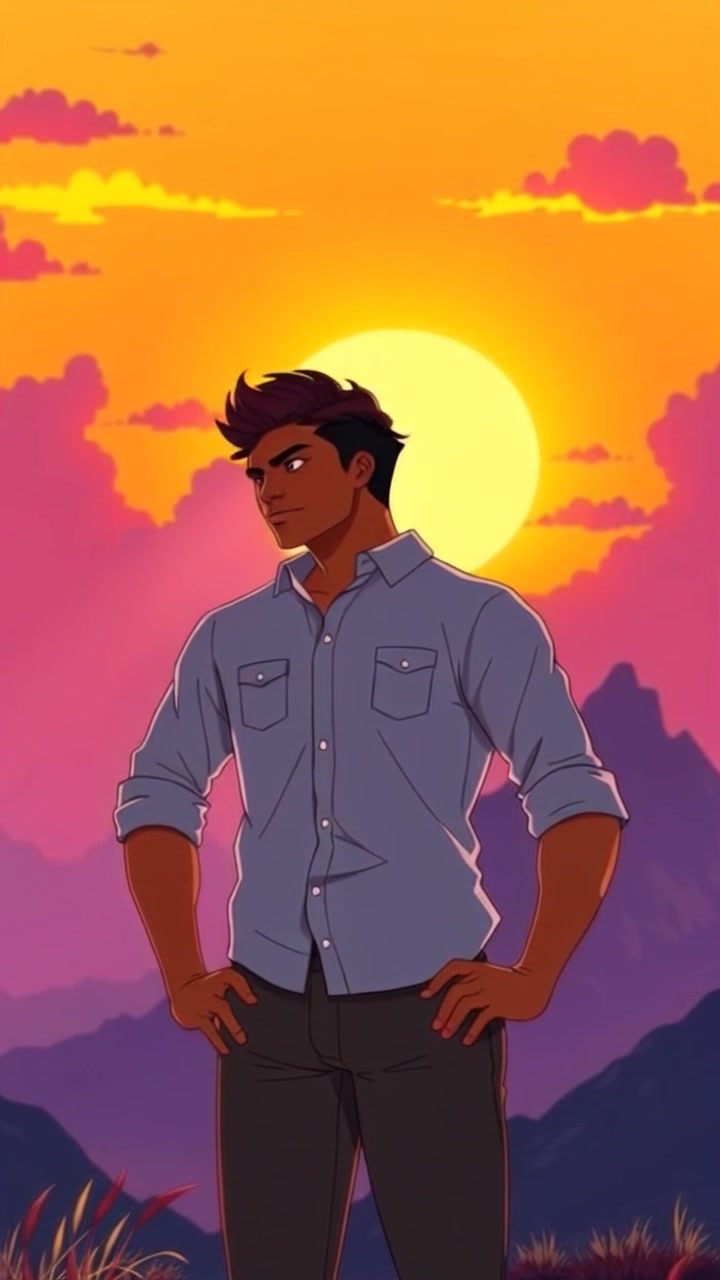 Subject: A figure standing confidently with hands on hips. Subject movement: The figure remains still, gazing out over a breathtaking sunset. Scene: A panoramic view of a vibrant sunset painting the sky with hues of orange, pink, and purple, framed by distant mountains. Style: Warm, golden-hour lighting enhances the dramatic colors of the sky. Motion: Camera captures a slow push-in toward the figure, with the horizon sprawling behind them, emphasizing their silhouette against the stunning backdrop.