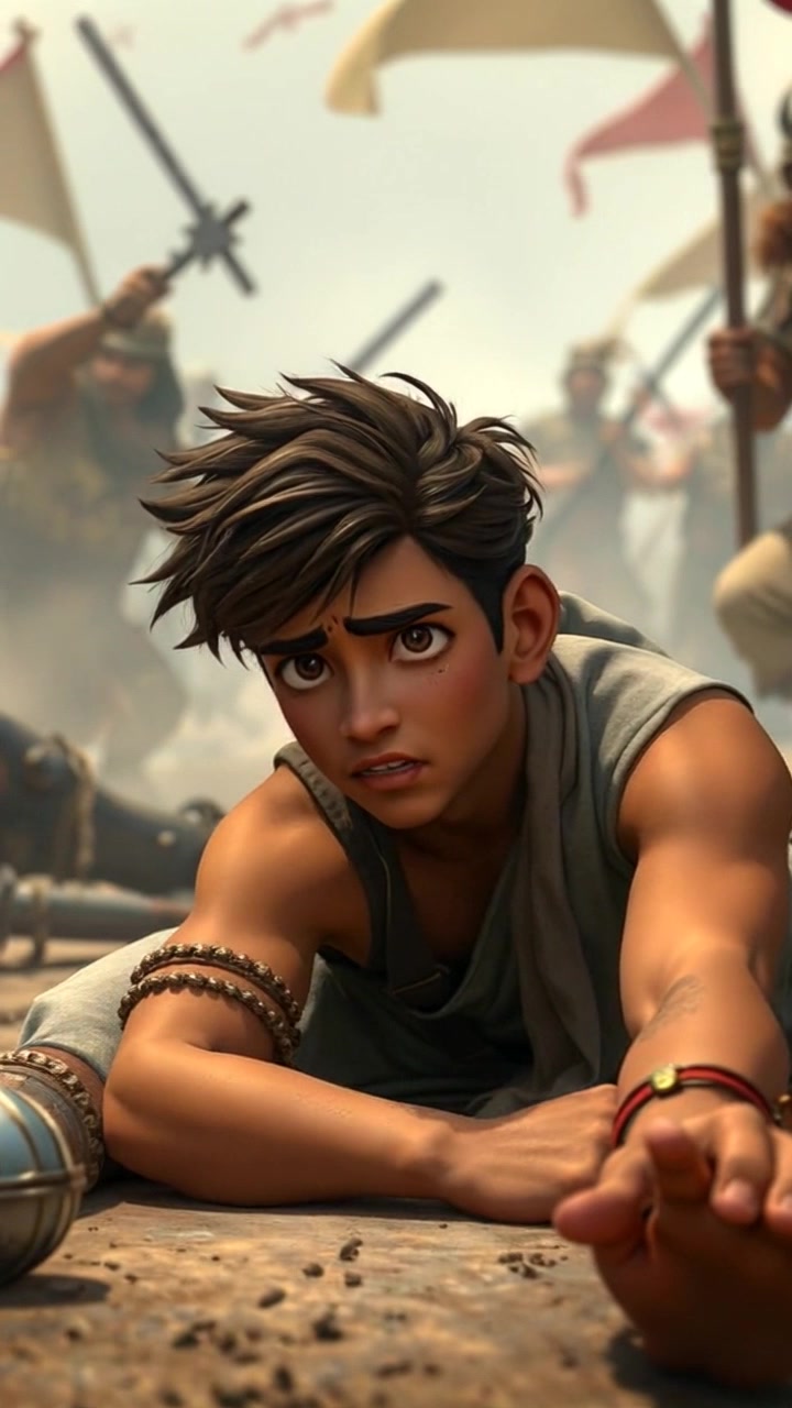 Subject: A wounded soldier, Arjun, sitting on the ground with a concerned expression. Subject movement: He shifts slightly, glancing around the chaotic battlefield as dust and debris swirl in the air. Scene: A chaotic battlefield filled with smoke, distant explosions, and scattered debris, with a blurred background of other soldiers in the fray. Style: Harsh, dramatic lighting cutting through the haze, enhancing the tension and urgency of the moment. Motion: A handheld camera captures a close-up of Arjun, slowly pushing in to emphasize his expression, while the surrounding chaos subtly sways in the foreground.