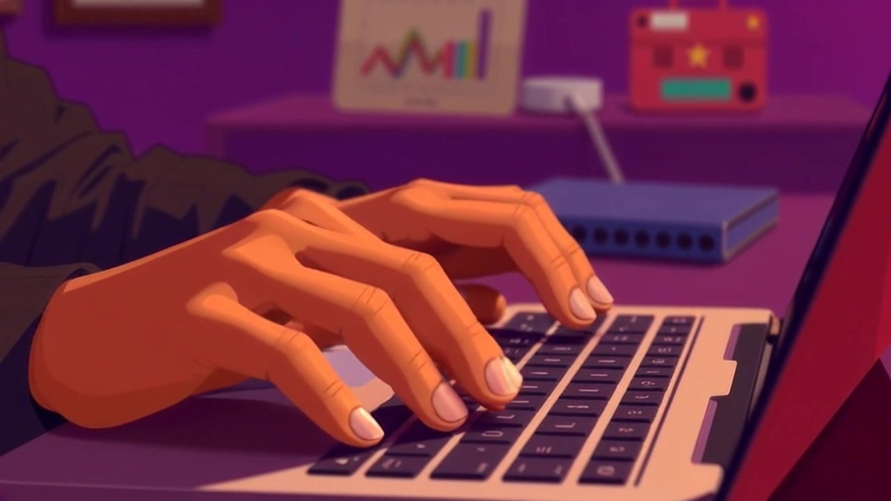 Scene: Close-up of hands typing on a laptop keyboard, set against a softly lit desk cluttered with notebooks and a coffee cup. Style: Warm ambient lighting creating an inviting atmosphere, highlighting the textures of the workspace. Motion: The camera gently pushes in towards the fingers, capturing their swift movements as they strike the keys, with a subtle shallow depth of field blurring the background.