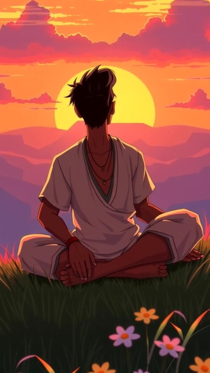 Subject: A person sitting cross-legged. Subject movement: The person remains still in contemplation, absorbing the breathtaking view. Scene: Sitting on a grassy hilltop, bathed in the warm hues of the sunset sky. Style: Soft, golden-hour light casting gentle shadows while the vibrant sunset colors reflect on the grass. Motion: Camera slowly pushes in, gradually focusing on the figure and the majestic sunset, creating an intimate connection with the serene atmosphere.