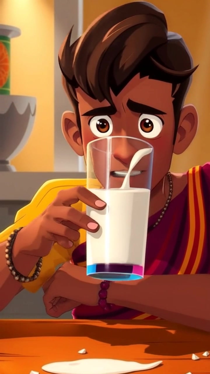 Subject: A person with a worried expression, holding a glass of milk. Subject movement: The individual lifts the glass slowly to their lips, taking a cautious sip. Scene: A cozy kitchen table, surrounded by soft morning light filtering through a window, casting gentle shadows. Motion: Camera performs a smooth push-in to capture the person's expression, then pans slightly to the left to reveal the peaceful kitchen surroundings, enhancing the contrast between their worry and the serene environment.