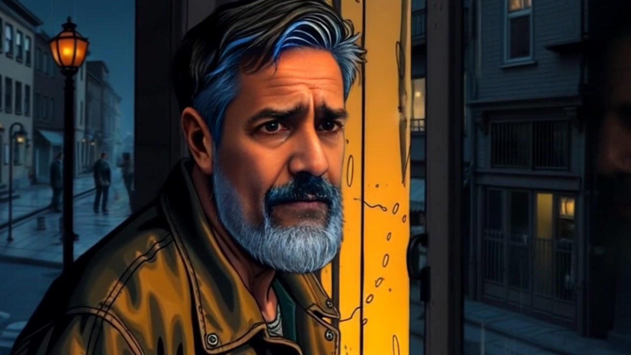 Subject: A worried figure stands by a window, gazing thoughtfully into the darkened street. Scene: A dimly lit room with shadows creeping along the walls, illuminated only by the faint glow from outside. Style: Soft, ambient lighting enhances the mood of uncertainty, with a hint of blue tones. Motion: The camera gently pans in toward the figure's expression, capturing the deep furrow of concern, while subtle shifts in the window reflections convey the darkness outside.
