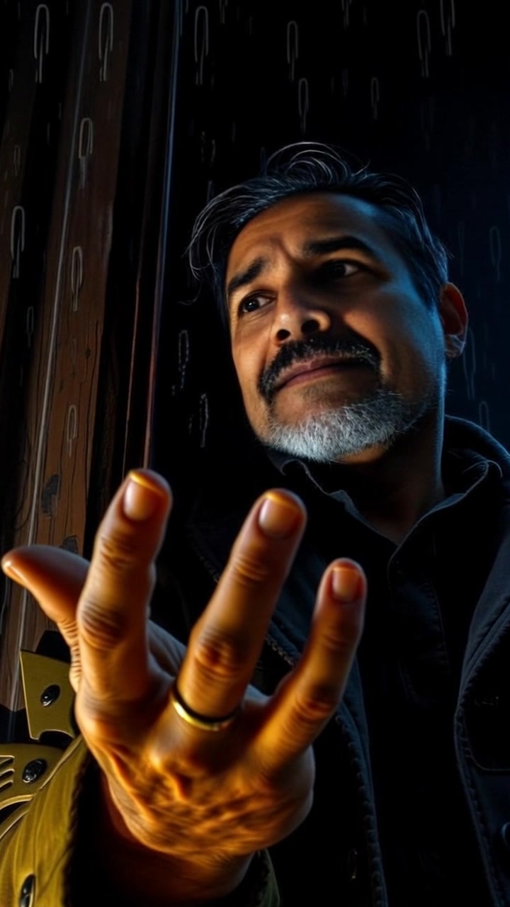 Subject: A person looking frightened, pleading with outstretched hands. Scene: A dimly lit room with shadows creeping across the walls, evoking a sense of tension. Style: Moody lighting creates a dramatic atmosphere, accentuating the subject's expression of fear. Motion: The camera gradually pushes in closer to capture the emotion of the subject, as soft shadows dance around them, heightening the sense of urgency.