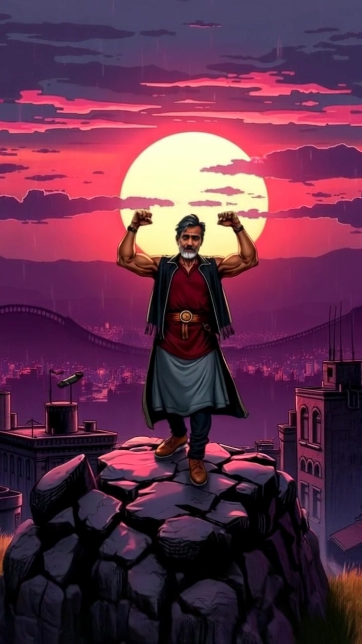 Subject: A triumphant figure standing atop a hilltop, flexing muscles against the setting sun. Subject movement: The figure confidently poses while embracing the gentle breeze. Scene: A picturesque hilltop at sunset with vibrant hues painting the sky, framed by distant mountains. Lighting: Warm, golden light illuminating the figure and casting long shadows on the grass. Motion: Camera begins with a close-up on the figure, then slowly pulls back to reveal the expansive landscape, capturing the beauty of the sunset.