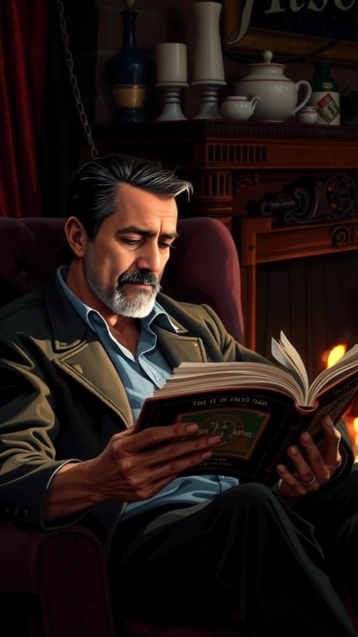 Subject: A person reading a book in a cozy armchair. Subject movement: The individual occasionally shifts in the seat, turning pages gently. Scene: A warm living room with a crackling fireplace casting soft light on the reader's face. Style: Soft, inviting lighting emphasizing the warmth of the fire and creating a serene atmosphere. Motion: The camera slowly pushes in for a close-up of the reader's contemplative expression, then pulls back to reveal the cozy setting.