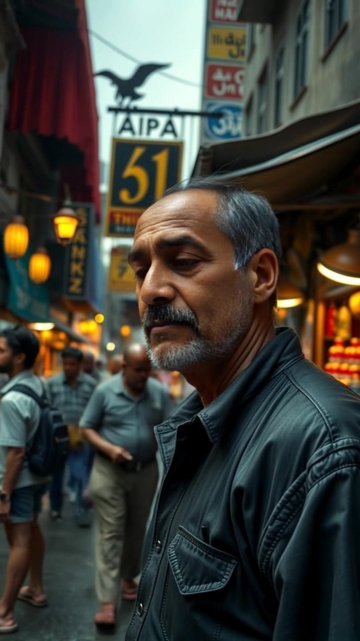 Subject: A person named Raj standing in a bustling market. Subject movement: Raj cautiously glances around as if observing the vibrant surroundings. Scene: A lively market filled with colorful stalls and a crowd of people engaged in various activities. Camera: Begin with a close-up of Raj's face, capturing his expressions, then smoothly pull back to reveal the vibrant market atmosphere. Lighting: Bright daylight filtering through the colorful awnings of the stalls, illuminating the scene. Atmosphere: Lively and vibrant, infused with a sense of curiosity and wonder.