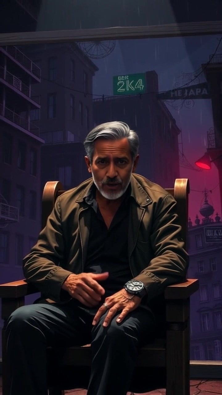 Subject: A storyteller passionately narrating a tale. Scene: Raj is seated on a wooden chair in a dimly lit room, with shadows dancing across the walls as light flickers from an unseen source. Style: Warm, intimate lighting enhancing the serious atmosphere. Motion: The camera begins with a close-up on Raj's face, capturing his intense expression, then slowly pulls back and pans around the room, revealing more of the setting while maintaining focus on the storyteller.