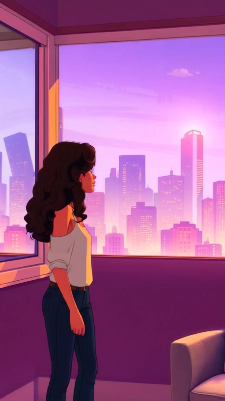 Subject: A Maya standing by a window, gazing thoughtfully at the city skyline. Subject movement: The Maya glances back and forth between the window and the viewer, shifting in a gentle, contemplative manner. Scene: A cozy interior with soft furnishings contrasting against the bustling cityscape outside. Style: Morning light streaming through the window, casting warm rays across the space. Motion: Camera slowly pushes in, capturing the Maya's expression and the vibrant city backdrop, creating a sense of introspection and connection with the urban environment.