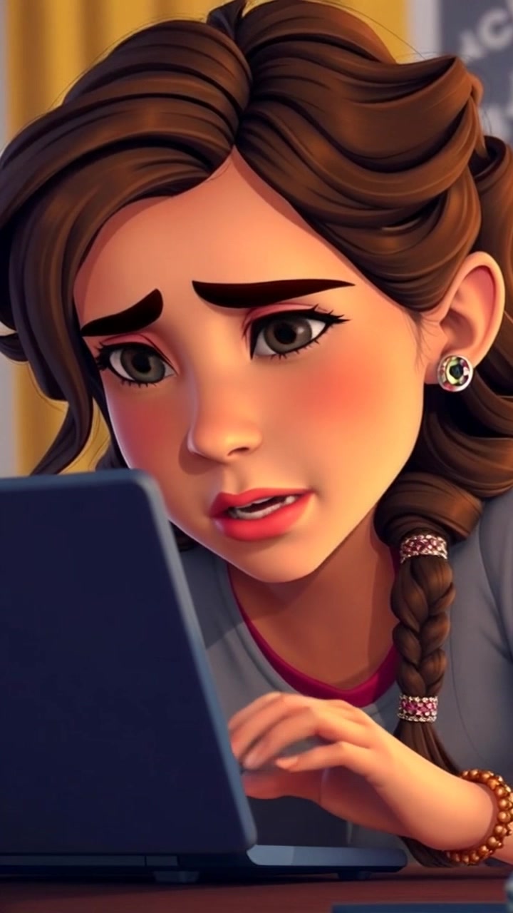 Subject: A person named Maya, speaking intently into her laptop with a concerned expression. Subject movement: Maya leans slightly forward, hands gesturing expressively as she delivers her message. Scene: Close-up on Maya in a modern, well-lit home office, noted for its minimalist design and focused atmosphere. Style: Soft, natural lighting enhances the seriousness of the conversation, creating a warm but tense mood. Motion: The camera subtly zooms in on Maya's facial expressions, capturing the intensity of her concern, while gently panning to her laptop screen as she speaks.