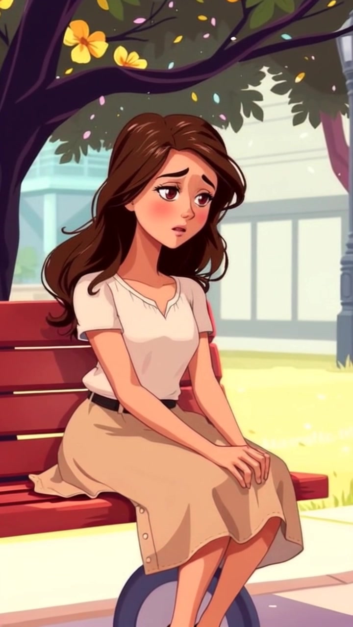 Subject: Maya sitting on a park bench. Subject movement: Maya shifts her gaze slowly from her hands to the surrounding environment, her worried expression capturing the emotion of the moment. Scene: A serene park setting, with lush green trees and colorful flowers in the background. Style: Soft, ambient morning light filtering through the leaves, creating gentle dappled shadows on the bench. Motion: A smooth, subtle zoom-in on Maya's face as she contemplates, allowing the viewer to feel her inner turmoil.