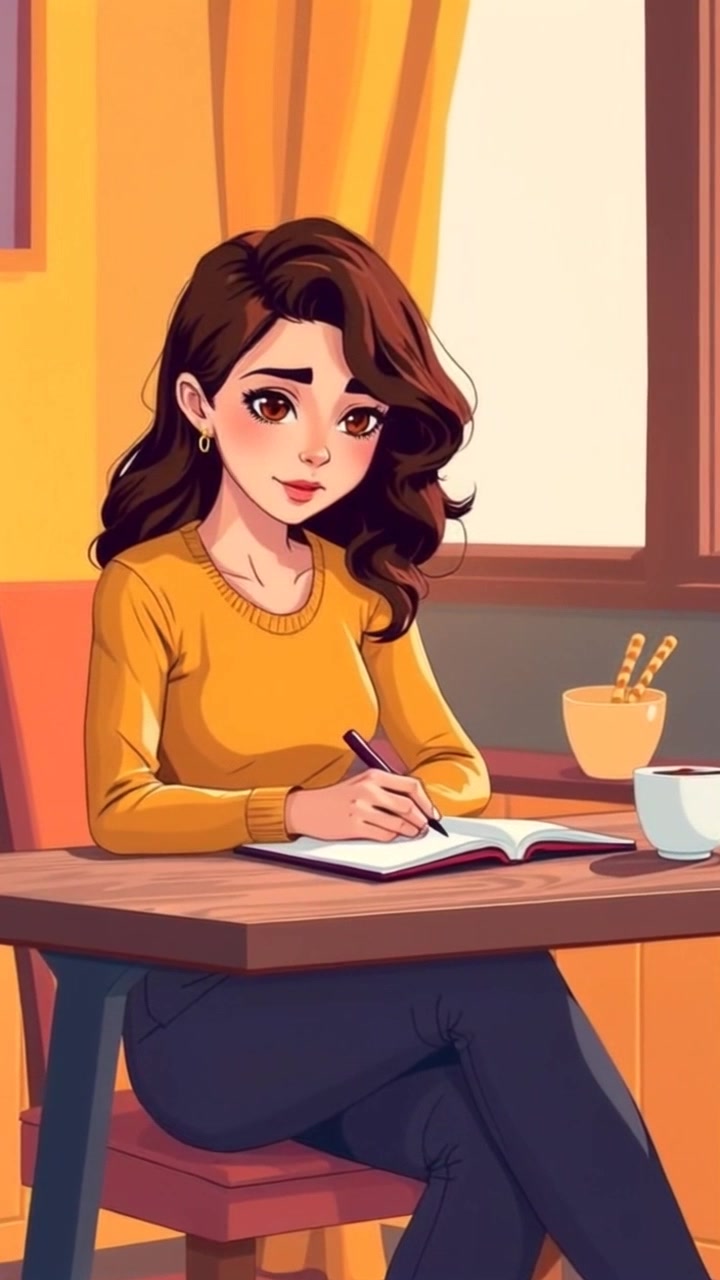Subject: A person seated at a wooden desk, intently writing in a notebook. Scene: Cozy study room filled with warm light, soft textures, and personal reflections. Lighting: Morning light filters through a nearby window, casting gentle shadows. Motion: Camera slowly pushes in towards the writer, with a focus on the notebook as the cup of coffee sits silently beside, creating an intimate atmosphere.
