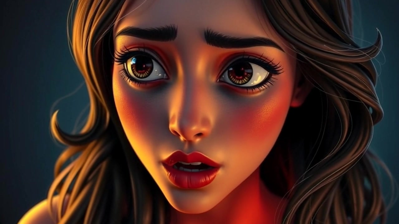 Subject: A woman with wide eyes whispers anxiously in dim light. Scene: Close-up of her fearful expression, captured in a low-lit environment that enhances the tension. Style: Subtle, moody lighting casting soft shadows across her face. Motion: The camera slowly pushes in towards her face, capturing the intensity of her fear as she speaks, heightening the emotional atmosphere.
