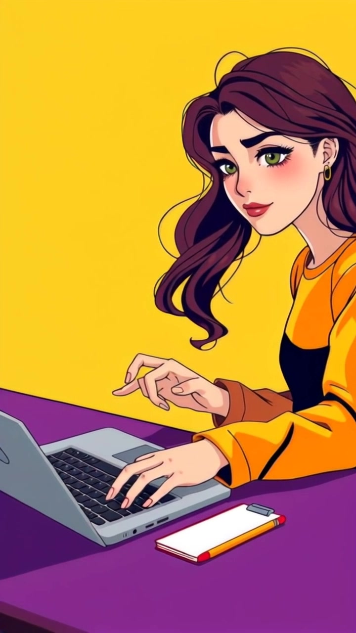 Scene: A cozy, well-lit home office where a young woman is focused on her laptop, a notepad filled with notes beside her. Style: Soft, ambient lighting creating a warm and inviting atmosphere, with gentle shadows falling across the desk. Motion: Camera starts with a close-up of the typing hands, then smoothly pulls back to show the woman immersed in her work, revealing the entire desk setup.