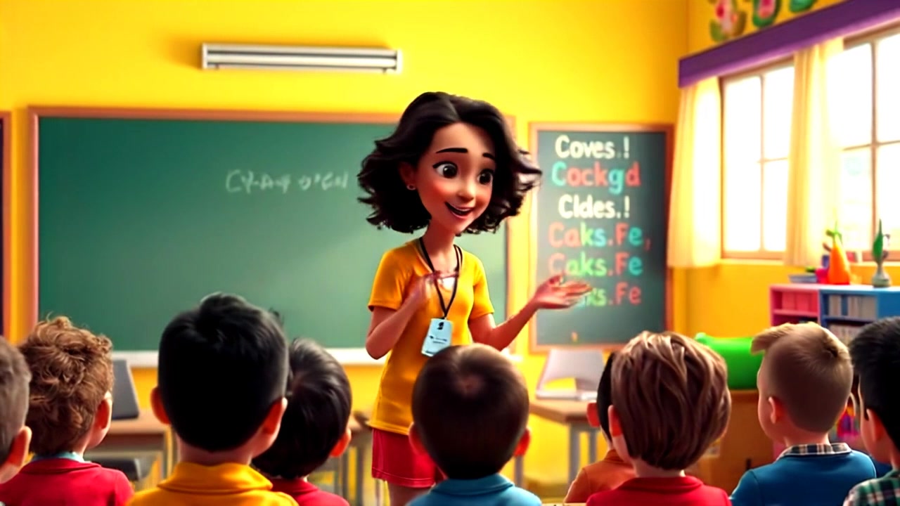 Subject: Maya speaking animatedly in front of a classroom full of attentive children. Subject movement: Maya gestures enthusiastically, engaging the young audience with her expressions. Scene: A bright, inviting classroom filled with colorful decorations and children's artwork. Style: Warm, natural light filtering through large windows, creating a vibrant and welcoming atmosphere. Motion: The camera pans smoothly across the classroom, focusing on Maya as she interacts with the kids, capturing their reactions and the lively environment.