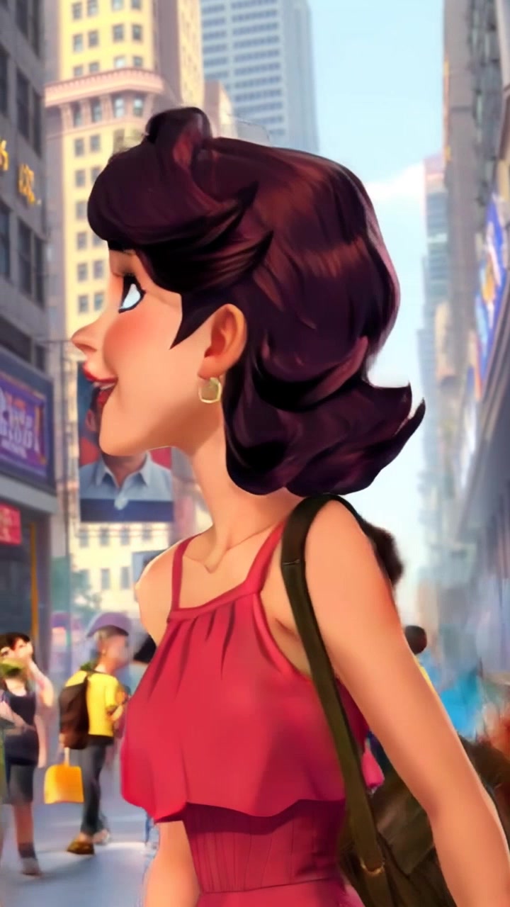 Scene: A bustling city street filled with tall buildings and a crowd of people walking briskly. Subject: A young woman in the foreground, looking eager and excited as she navigates through the city. Motion: The camera performs a dynamic handheld tracking shot, weaving through the bustling crowd, with the warm afternoon light illuminating the scene, creating an inviting atmosphere.