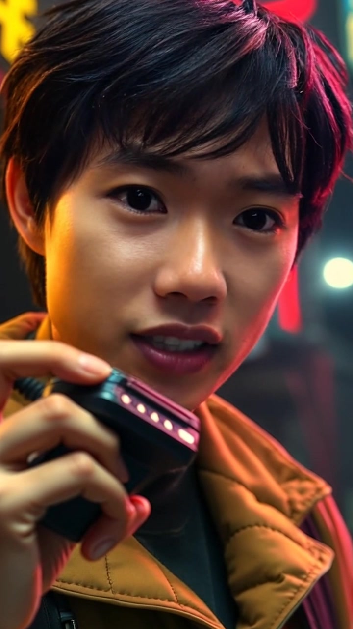 Subject: A person holding a communication device, speaking urgently. Subject movement: The person is animatedly gesturing with their free hand as they talk, shifting from side to side. Scene: Close-up of a person with serious expression, focused on the device, set against a blurred urban background that suggests urgency. Style: Dramatic lighting highlighting the contours of their face, creating a tense atmosphere. Motion: The camera does a slow push-in towards the person's face to emphasize the intensity of their expression, then pans slightly to capture the urgency in their gestures.