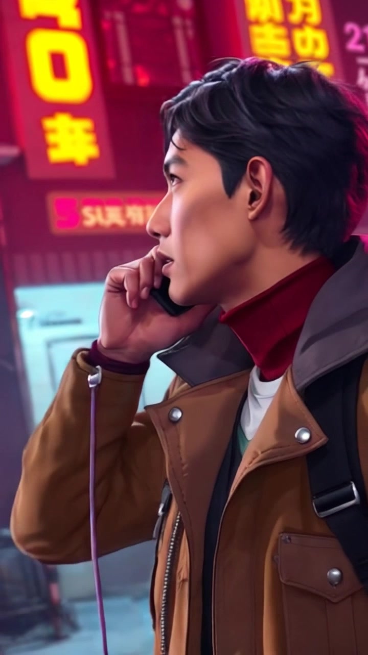 Subject: Detective Ken speaking into his comm with a serious expression. Subject movement: He shifts his gaze slowly, looking around as if assessing his surroundings while communicating. Scene: Urban alleyway at night with flickering streetlights casting long shadows. Style: Cool, nighttime lighting enhances the tense atmosphere, emphasizing contrasts. Motion: The camera slowly zooms in on Detective Ken's face, while a handheld tracking shot captures the alley's gritty details in the background, creating an intimate yet uneasy feeling.
