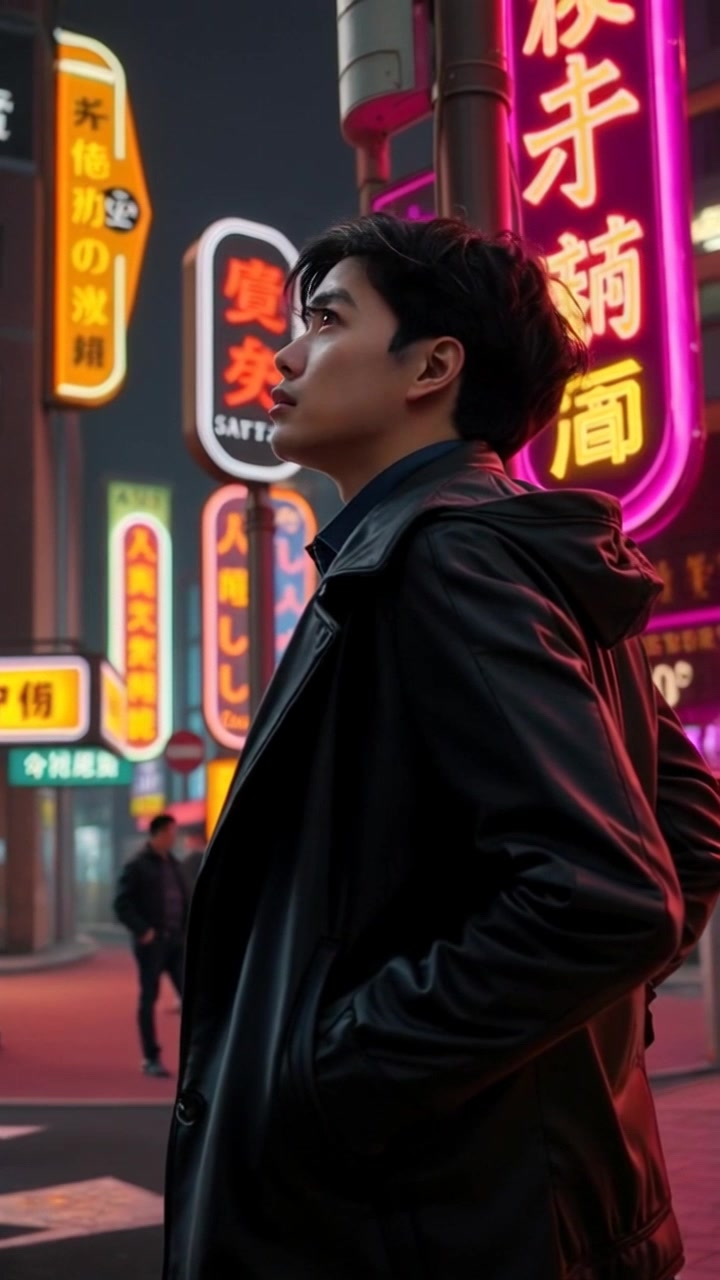 Subject: Detective Ken standing on a street corner. Subject movement: He glances upward, eyes scanning the vibrant neon signs. Scene: A bustling urban street corner illuminated by colorful neon lights at night, with the glow reflecting off nearby buildings. Style: High-contrast lighting emphasizing the neon colors against the darker surroundings, creating an electrifying atmosphere. Motion: The camera performs a slow push-in on Detective Ken, capturing his thoughtful expression as the camera tilts upward, framing the dazzling neon signs overhead.