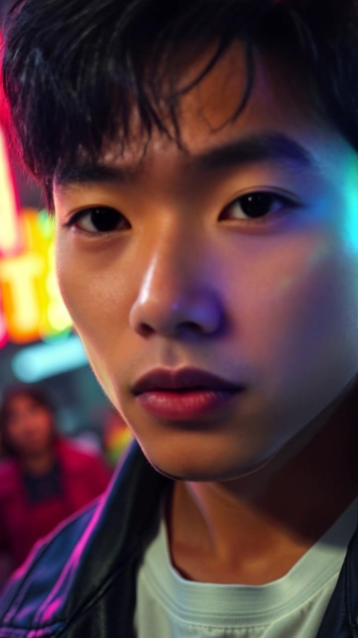Scene: A close-up of a person's face, illuminated by flickering neon lights in a bustling urban environment. Style: Vibrant, colorful lighting creating dynamic contrasts and reflections on the skin. Motion: The camera gently zooms in and out, capturing the subtle shifts in expression as the lights pulsate, evoking an electric, immersive atmosphere.