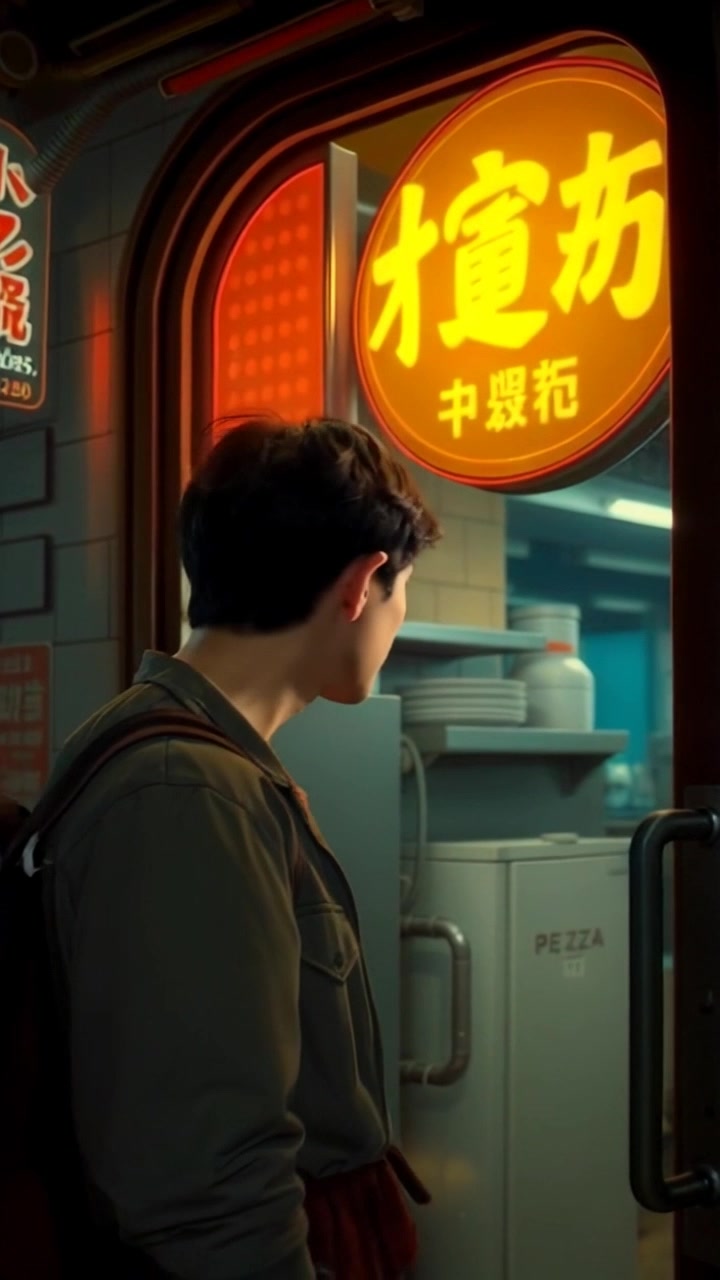 Scene: A dimly lit noodle bar filled with enticing steam rising from the kitchen, neon signs flickering outside the window, casting colorful reflections on the wet pavement. Style: Soft, ambient lighting enhances the cozy, inviting atmosphere contrasted by the vibrant neon glow. Motion: Handheld camera moves through the entrance, capturing Ken's entrance as he steps in, glancing around the bustling bar, with the camera smoothly panning to follow his gaze.