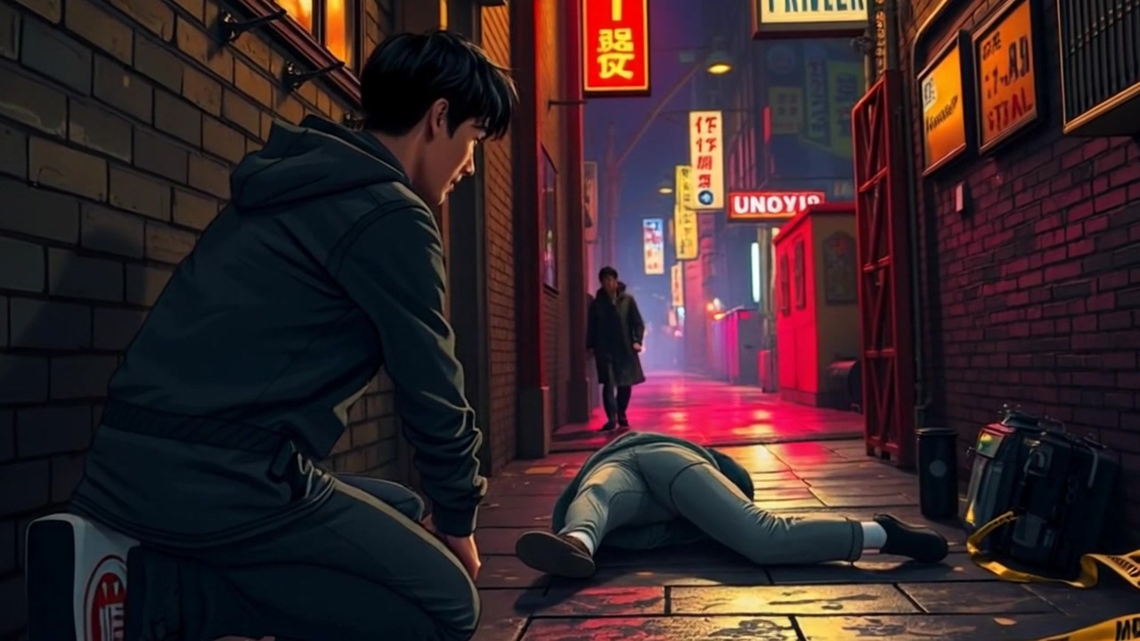 Subject: A person kneeling next to a body in a dark alley, examining the scene intently. Subject movement: The person shifts slightly, leaning closer to inspect details. Scene: A dimly lit alley with shadows lurking, litter scattered around, creating an eerie atmosphere. Style: Low-key lighting with harsh contrasts between the dark shadows and subtle highlights. Motion: Camera slowly dolly in towards the kneeling figure, capturing the tension and intrigue of the scene, while the ambient sound of distant city life adds to the suspense.