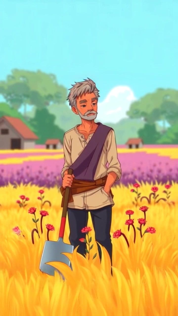 Subject: A contemplative figure standing in a sunlit field, holding a hoe. Subject movement: The figure shifts slightly, as if pondering their next move in the quiet landscape. Scene: Expansive field with tall grass swaying gently in the breeze, framed by distant trees under a clear blue sky. Style: Warm, golden hour lighting that casts soft shadows across the ground, enhancing the tranquil atmosphere. Motion: The camera starts with a close-up on the figure's expression, then pulls back smoothly to reveal the vastness of the field, creating a sense of space and introspection.