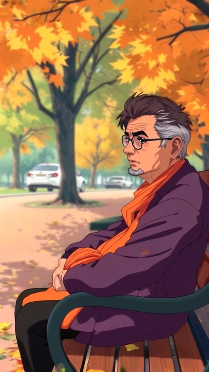 Subject: A contemplative figure sitting alone on a park bench. Scene: A serene park setting during autumn, with vibrant leaves scattered on the ground, creating a colorful carpet around the bench. Lighting: Soft, warm light filtering through the trees, casting gentle shadows. Motion: The camera slowly pushes in on the subject, capturing the tranquil atmosphere as leaves flutter down around him, enhancing the sense of solitude and reflection.