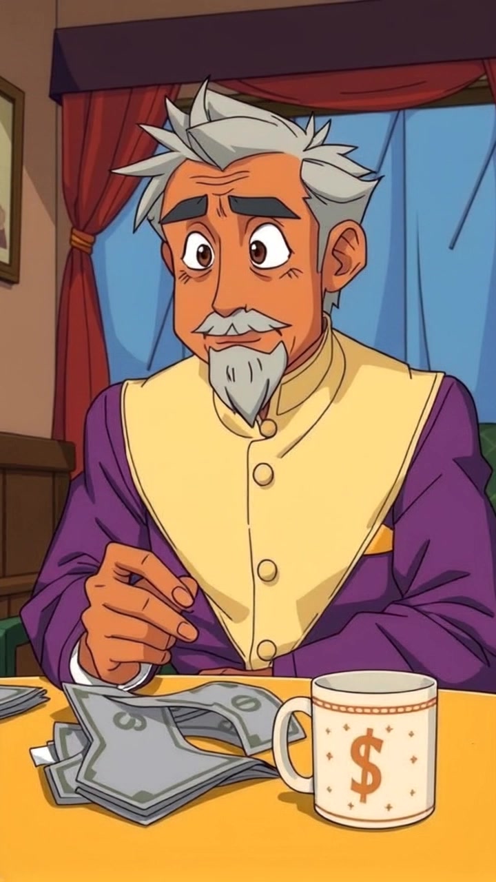 Scene: A man sitting at a table, gazing pensively at a pile of bills, with a coffee cup beside him. Style: Soft, natural lighting filtering through a nearby window, casting gentle shadows on the table. Motion: The camera slowly pushes in for a close-up, capturing the man's contemplative expression and the details of the bills, before pulling back to reveal the entire scene.