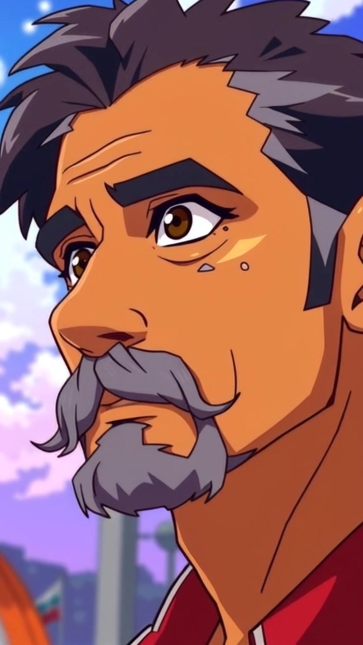 Subject: A proud man with a graying goatee gazing into the distance. Subject movement: His expression subtly shifts as he takes a deep breath, reflecting a sense of accomplishment. Scene: Close-up of a man's face, set against a soft-focus natural background that conveys tranquility. Style: Warm, inviting light highlights the details of his face and the texture of his goatee. Motion: The camera slowly pushes in for an intimate view, framing his expression in sharp focus, as elements of the background gently blur.