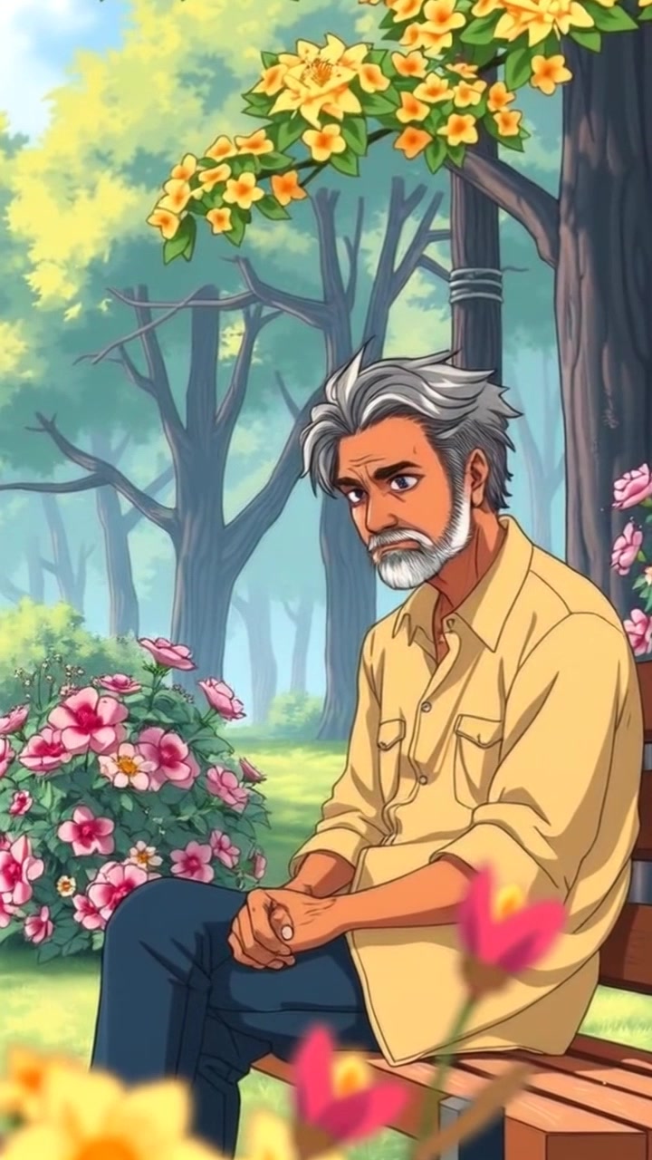 Scene: Raj sitting on a wooden bench in a serene park, surrounded by blooming flowers and tall trees. Style: Soft morning light creates a gentle, inviting atmosphere, illuminating the vibrant colors of the flowers. Motion: The camera slowly dolly in towards Raj, capturing his tranquil expression and the surrounding beauty, with a slight breeze causing the flowers to sway softly.