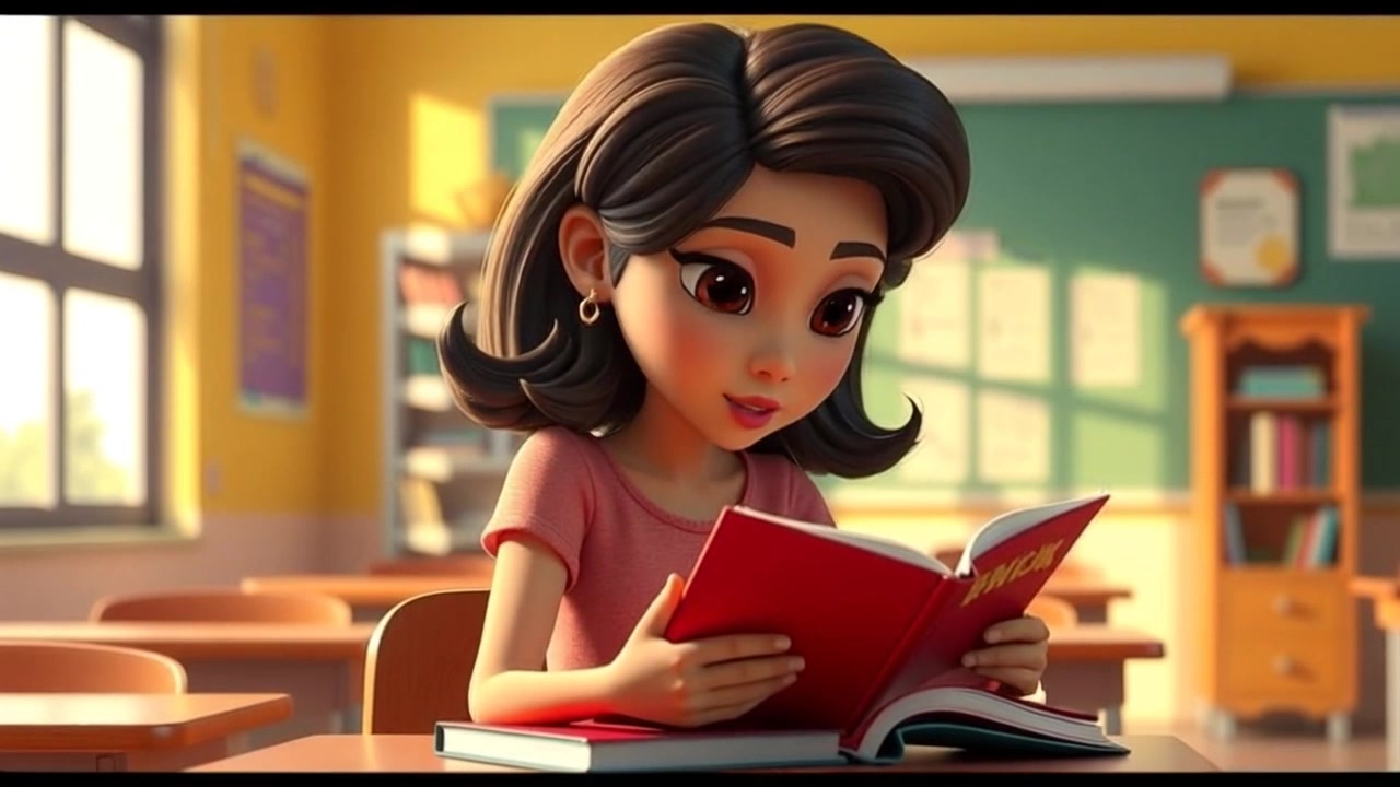 Subject: A girl sitting at her desk in a classroom, looking thoughtfully at a book. Scene: Bright classroom with colorful posters on the walls and sunlight streaming in through the windows. Style: Morning light illuminating the desk with a warm, inviting atmosphere. Motion: Camera slowly zooms in on the girl, capturing her pensive expression as she flips through the pages of the book.
