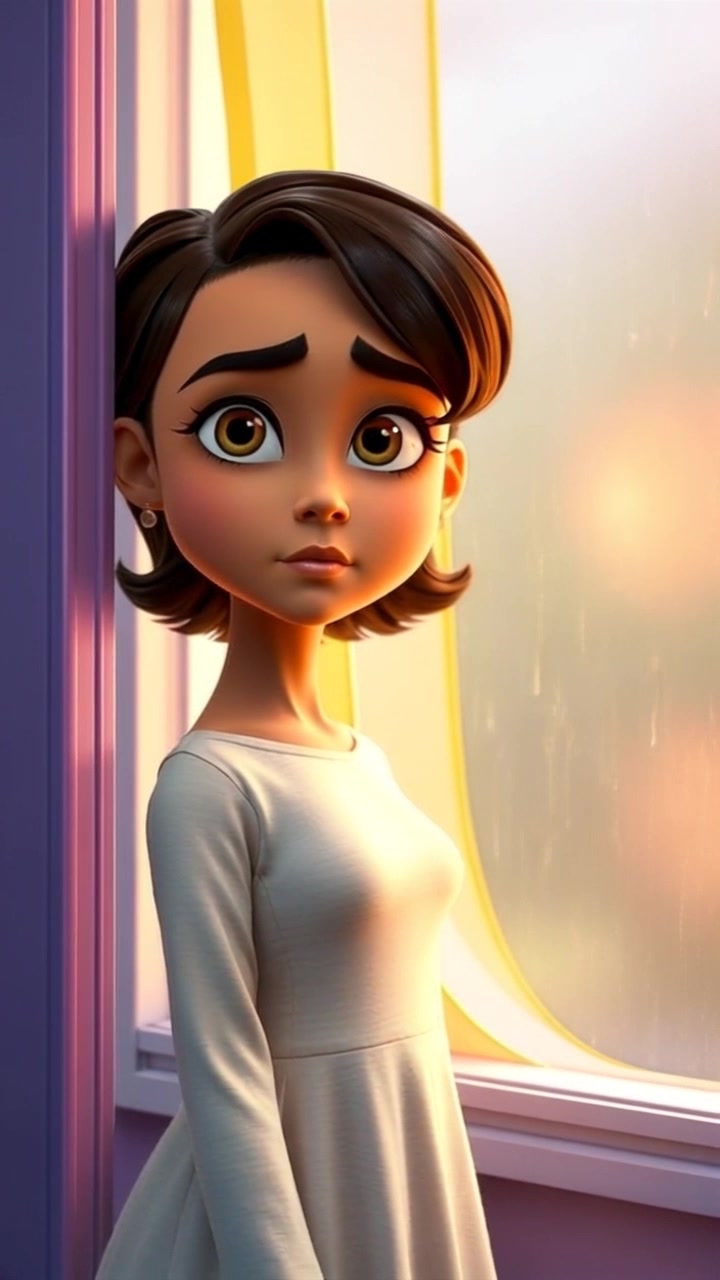 Subject: Laila standing by a window, gazing intently outside with a look of concern. Scene: An interior setting by a rainy window, soft lighting creating a somber atmosphere with cascading raindrops blurring the view. Motion: The camera gently pushes in on Laila's face, capturing her expression, then pulls back to reveal the rain-soaked landscape outside, heightening the emotional tension.