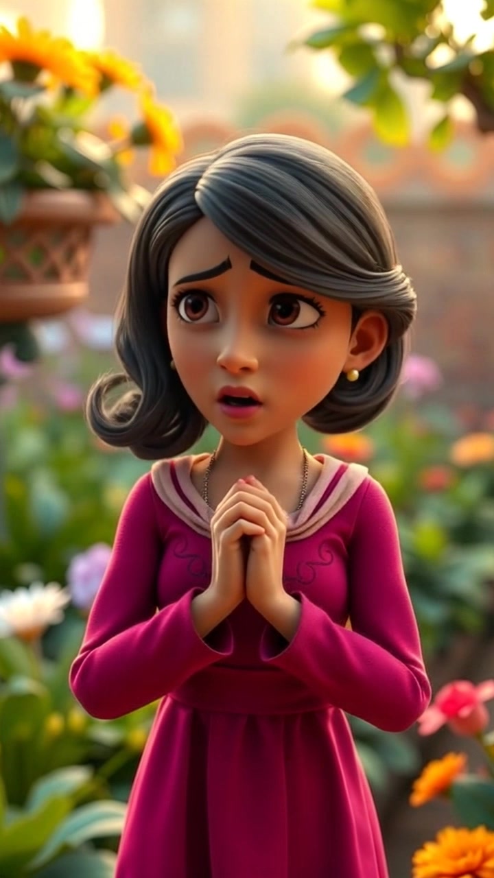 Subject: A young woman displaying concern. Subject movement: Laila stands still in a lush garden, her hands clasped tight, scanning her surroundings. Scene: Vibrant garden setting filled with colorful flowers and greenery, softly illuminated by warm sunlight filtering through the leaves. Motion: The camera performs a slow push-in towards Laila's face, capturing the depth of her worried expression against the backdrop of the serene garden, while soft ambient light enhances the mood.