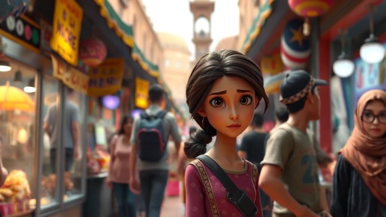 Subject: Laila standing in a crowded market, her expression somber as she watches people pass by. Subject movement: She shifts her weight slightly from one foot to the other, glancing around at the bustling crowd. Scene: A vibrant marketplace filled with colorful stalls and diverse crowds, layered with intriguing details. Style: Soft, diffused lighting creating a warm yet slightly melancholic atmosphere. Motion: Camera begins with a close-up of Laila's face, capturing her contemplative expression, then slowly pulls back to reveal the lively market around her, accentuating the contrast between her stillness and the bustling energy of the surroundings.