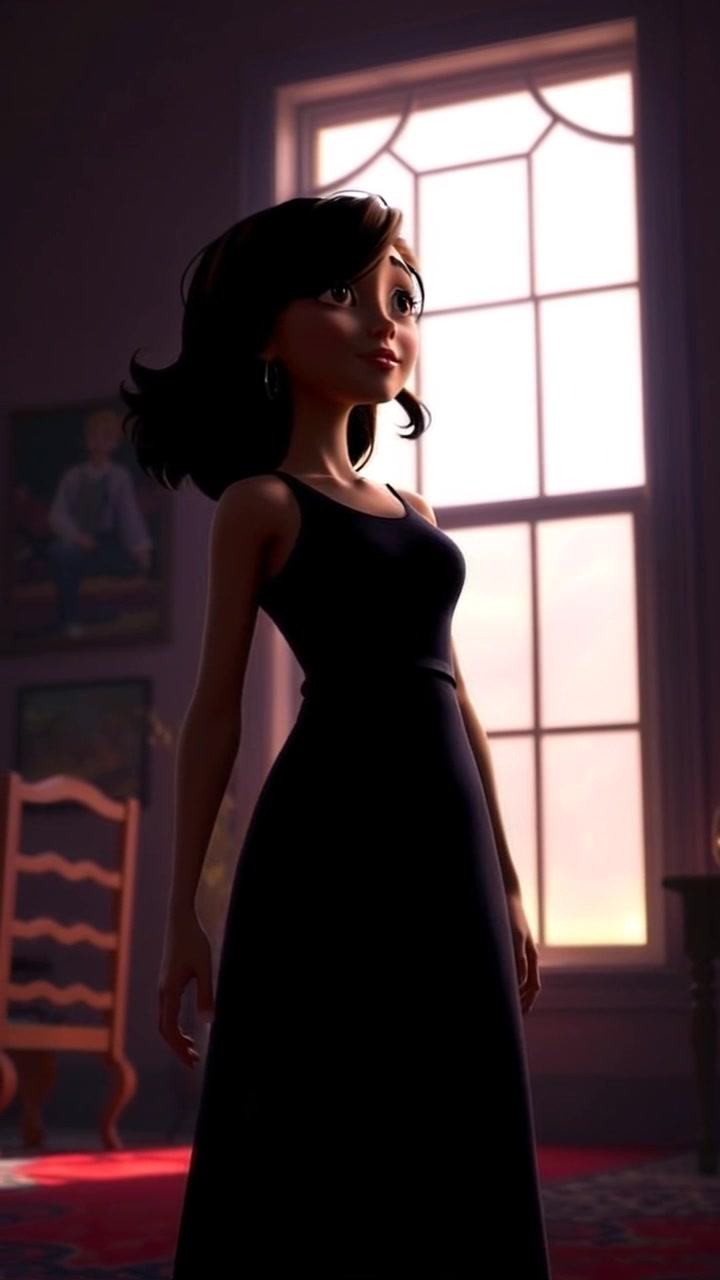 Scene: A shadowy figure of Laila standing contemplatively in a dimly lit room, soft light streaming through a large window. Style: Moody lighting enhances the intimate, mysterious atmosphere of the space. Motion: The camera performs a slow, dramatic dolly in towards Laila, capturing the interplay of light and shadows as they gently shift across her form.