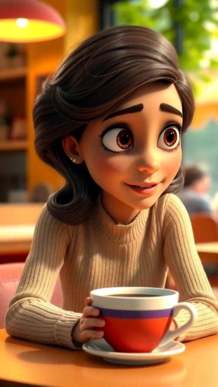 Subject: A woman named Laila, with an expression of curiosity, leans forward at a cafe table, cradling a coffee cup in her hands. Subject movement: Laila shifts slightly as she engages with her surroundings, her interest piqued. Scene: Cozy cafe atmosphere with soft background chatter and warm decor. Style: Soft morning light filtering through window panes, casting gentle shadows on the table. Motion: Camera slowly pushes in for a close-up of Laila's face, capturing her intrigued expression while softly blurring the cafe background to create an inviting bokeh effect.