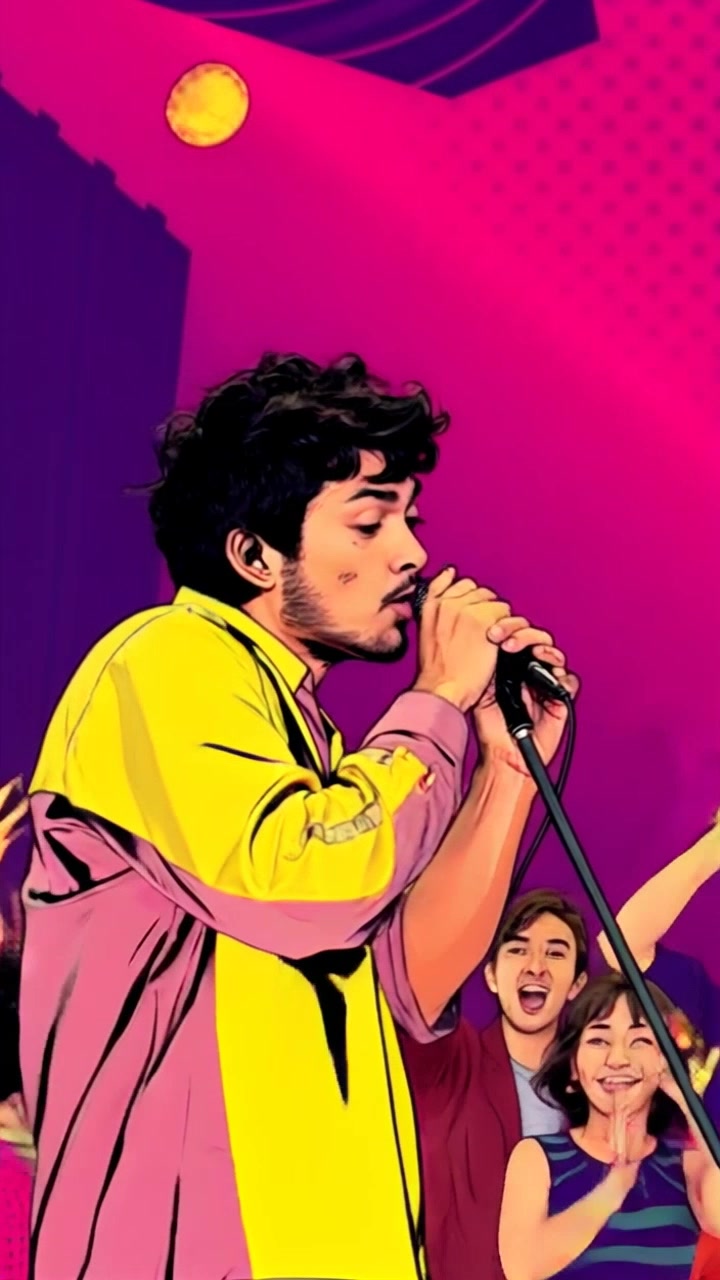 Subject: A performer passionately singing into a microphone on stage. Subject movement: The performer sways slightly, fully engaged in the moment as the energy of the audience fuels the excitement. Scene: A vibrant concert stage filled with cheering fans, colorful lights illuminating the scene. Style: Dynamic stage lighting creates a lively atmosphere, with strong contrasts highlighting the performer. Motion: The camera performs a series of rapid dolly in and out movements, capturing the interaction between the performer and the energized audience as they cheer and sway to the music.