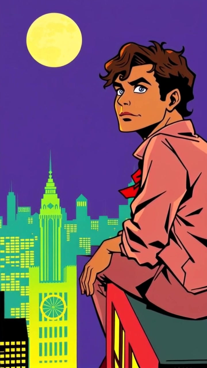 Subject: A figure perched on a tall building, gazing curiously towards the cityscape of Gotham. Subject movement: The figure shifts slightly, scanning the horizon as the green light dances on their silhouette. Scene: Rooftop view against the sprawling Gotham skyline, with a hint of urban mystery in the air. Style: Dramatic, neon green light illuminating the scene, creating a captivating contrast between shadows and highlights. Motion: The camera slowly pushes in, circling around the figure to capture their expression while revealing the vast, intricate details of the city below as the scene unfolds.