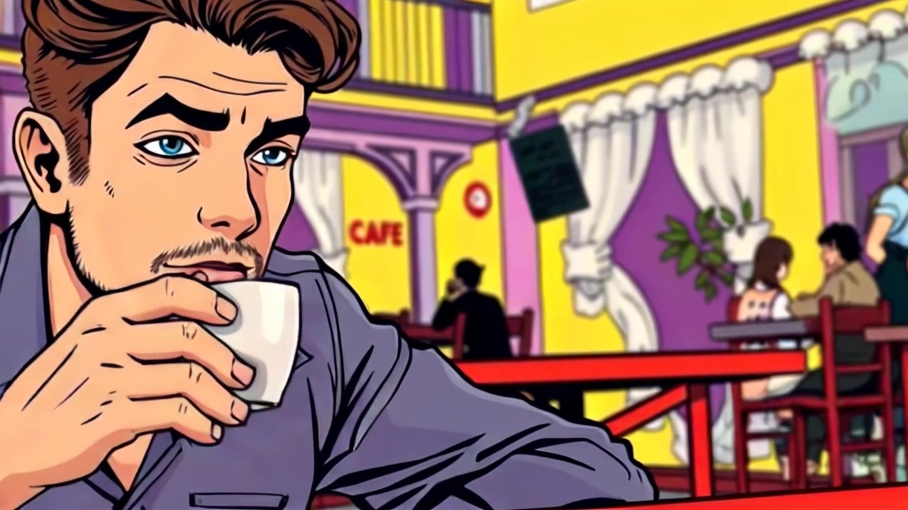 Subject: A person sitting at a café table. Subject movement: The person leans slightly forward, lifting the coffee cup towards their lips, lost in thought. Scene: A cozy café setting with warm wooden tables and soft lighting illuminating the surroundings. Style: Ambient lighting that enhances the inviting atmosphere of the café. Motion: The camera transitions from a close-up of the person's thoughtful expression to a wider shot, revealing the café ambiance and other patrons enjoying their day.