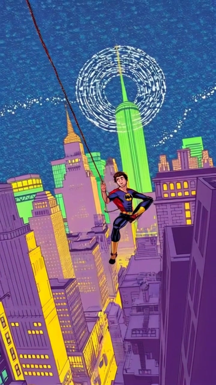 Subject: Mateo swinging through the urban landscape of New York City. Subject movement: Mateo swings gracefully between the towering skyscrapers, gazing up at the green glow illuminating the skyline of Gotham. Scene: A bustling New York street with art deco buildings and a vivid green glow from above, casting intriguing shadows on the streets below. Style: Nighttime, ambient urban lighting highlighting the contrast between the dark buildings and the vibrant glow. Motion: The camera follows Mateo in a handheld tracking shot, capturing his dynamic movement through the city as he navigates the heights and dips of the skyline.