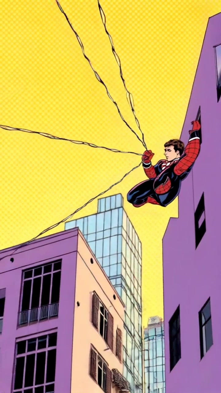Subject: A figure releasing a web onto a distant building. Subject movement: The figure swings gracefully from an elevated position, skillfully aiming the web for accuracy. Scene: Urban skyline featuring a mix of modern and vintage architecture, highlighted by the play of sunlight on glass surfaces. Style: Warm afternoon light creating a dynamic atmosphere. Motion: Handheld camera tracks alongside the figure as they release the web, weaving between buildings, capturing the tension and fluidity of the movement.