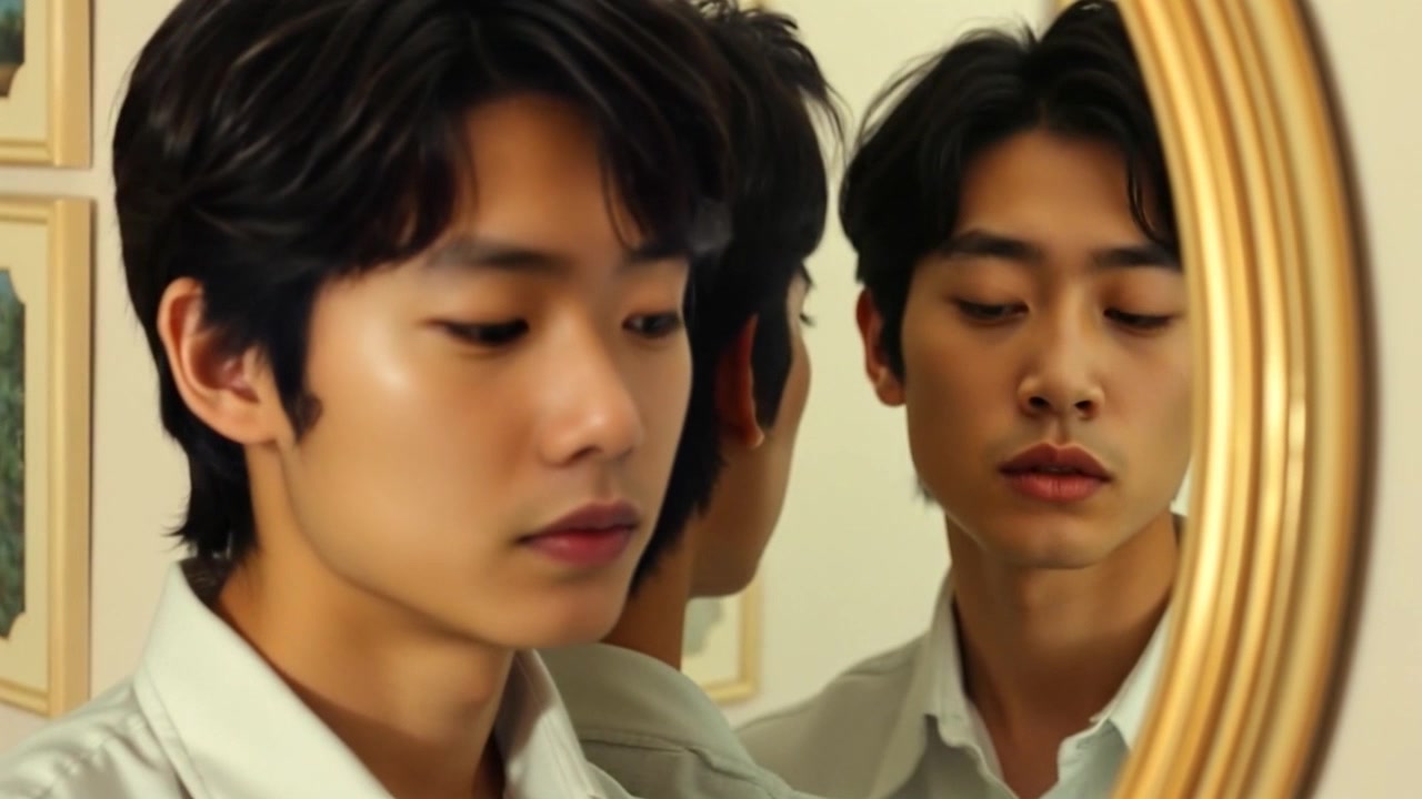 Scene: A close-up of a mirror reflecting a Ken with a contemplative expression, set in a cozy, softly lit room adorned with personal memorabilia. Style: Warm ambient light enhances the inviting atmosphere, with gentle reflections creating a sense of depth. Motion: The camera slowly pushes in on the mirror, capturing the subtle nuances of Ken's expression as he gazes thoughtfully into the reflection.